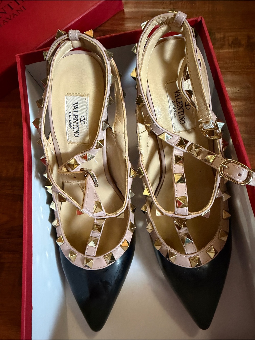 Valentino Black Pointed-Toe T-Strap Flats with Blush Studded Straps